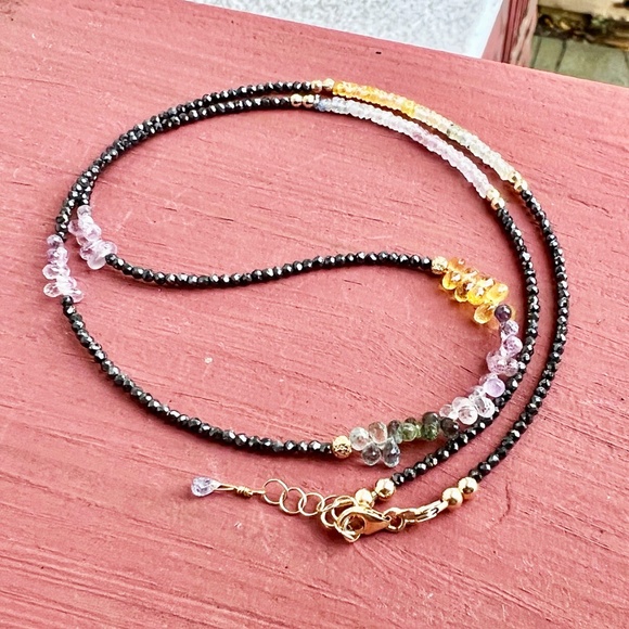 Handmade Natural Sapphire, Black Diamond Necklace Wrap Bracelet Solid 14k Gold - Picture 6 of 11